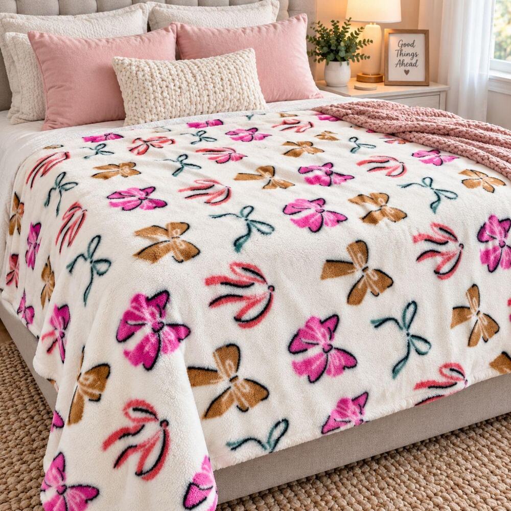Super soft and cozy plush fleece blanket featuring an adorable all-over bow